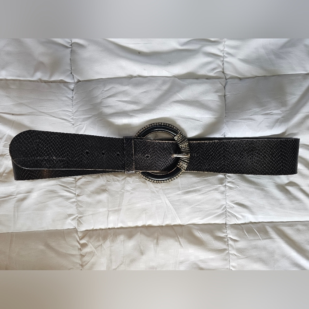 Chicos LeatherTextured Belt with Silver Rhinestone Buckle Bling - Picture 3 of 9